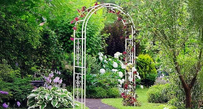 Evergreen Plow & Hearth Montebello-Gunmetal Garden Arbor - 7 Feet Tall | Slim Metal Arch with Iron Trellis for Climbing Plants | Elegant Wedding Arbor | Outdoor Patio & Garden Decor