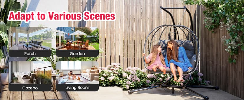 Pamapic Double Egg Chair wth Stand, 700 LBS Loveseat Rattan Swing Chair, UV Resistant Cushions with Armrests and Headrest, Thick Steel Frame Hammock Swing for Outdoor, Patio, Indoor(Grey)