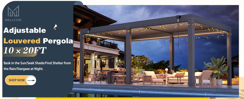 MELLCOM 10x20FT Louvered Pergola with 6 Pull-Down Screens, Aluminum Pergola with Adjustable Rainproof, Dark Gray