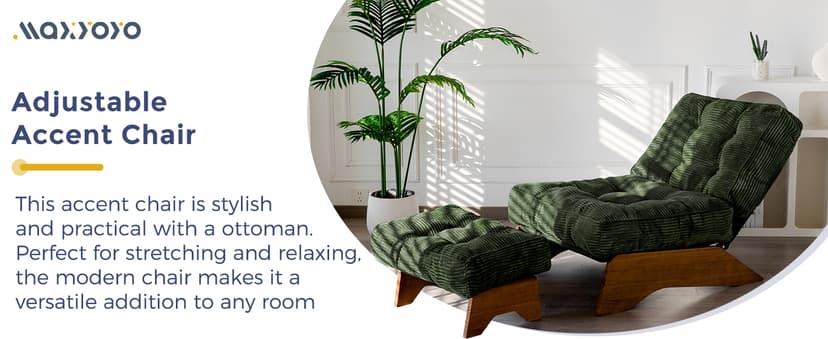 MAXYOYO Accent Chair with Ottoman Adjustable Backrest, Tufted Living Room Chair Upholstered Lounge Chair with Footrest Set, Modern Chair Cozy Reclining Chair for Reading Room, Green