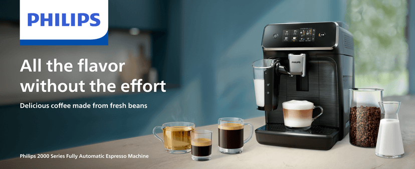 PHILIPS Series 2300 Fully Automatic Espresso Machine - 4 Hot Drinks, Fast Clean, 40% Quieter SilentBrew, Aquaclean Filter, Matte Black (EP2330/10)