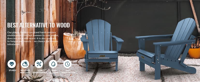 SERWALL Foldable Adirondack Chair Set of 4 for Patio Garden Outdoors Fire Pit-Ocean Blue