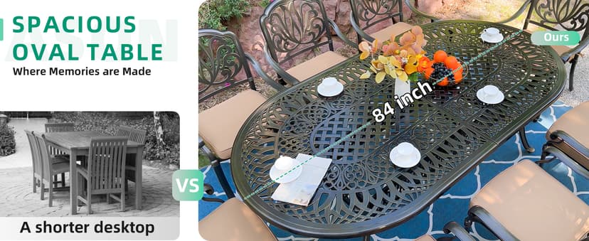 VIVIJASON 9-Piece Outdoor Furniture Dining Set, All-Weather Cast Aluminum Patio Conversation Set, Include 8 Cushioned Chairs and an Oval Table with Umbrella Hole for Balcony Lawn Garden Backyard