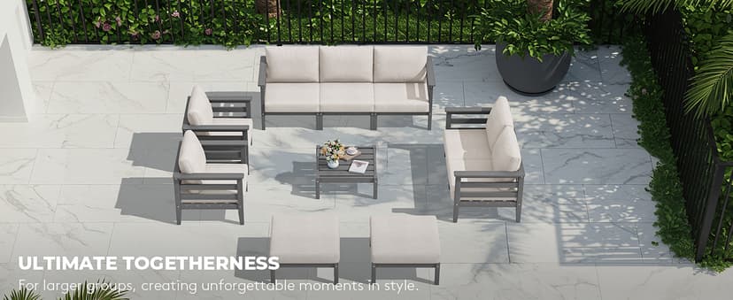 SERWALL HDPE Patio Furniture Set, 10 Pieces Outdoor Sectional Sofa Set, All-Weather Wood-Like Outdoor Sofa Couch with Coffee Table for Deck, Lawn, Grey Frame with Khaki Cushion