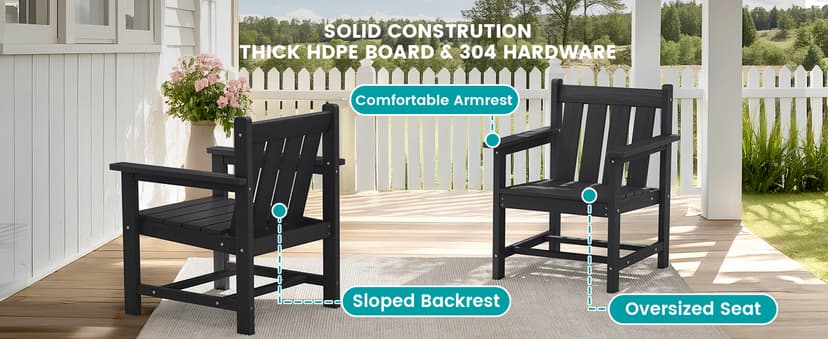 SERWALL 3 Pieces Patio Bistro Set, All Weather Adirondack Chair Set with Side Table, HDPE Material Outdoor Patio Furniture Set for Balcony, Porch, Garden, Backyard- Black