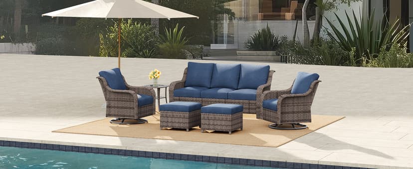 6 Piece Patio Furniture Set with Swivel Chairs, Side Table & Ottomans, Outdoor Conversation Set for Backyard, Deck, Porch, Poolside - Blue Comfortable Cushions in Mixed Grey Wicker