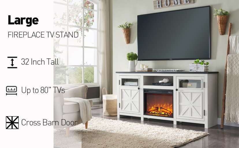 JXQTLINGMU Fireplace TV Stand for 80 Inch TV, Farmhouse Highboy Entertainment Center w/23'' Electric Fireplace & Cross Barn Door, Large TV Console for TVs Up to 80", 70 inches, White
