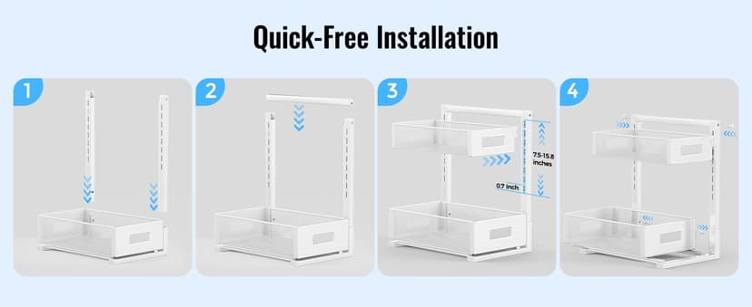 Pull-out Under Kitchen Sink Organizer, Metal Functional Under Sink Organizer, Height Adjustable Under Bathroom Sink Organizer, Under Sink Storage for Kitchen Bathroom Cabinet (White)
