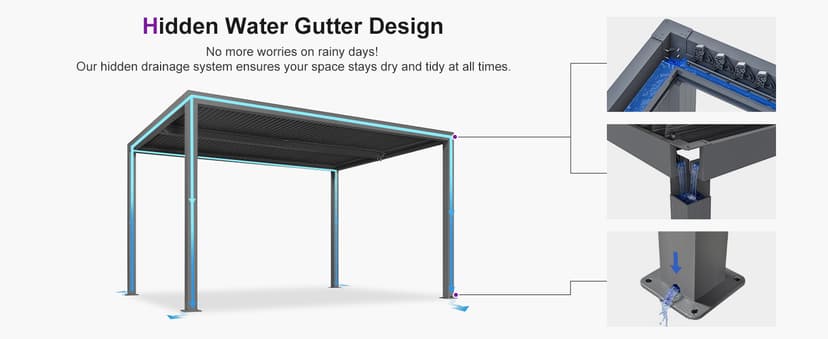 PURPLE LEAF Louvered Pergola 10' x 13' Outdoor Retractable Modern Hardtop Full Aluminum Pergola with Adjustable Rainproof Roof and 36 Clear LED String Lights for Patio Deck Backyard Slate Grey