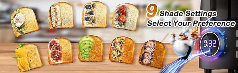 Toaster 2 Slice Wide Slot Toaster Best Rated Prime Displav Smart Toasters with LCD Digital Countdown Timer and Bagel/Defrost/Cancel/Reheat Function