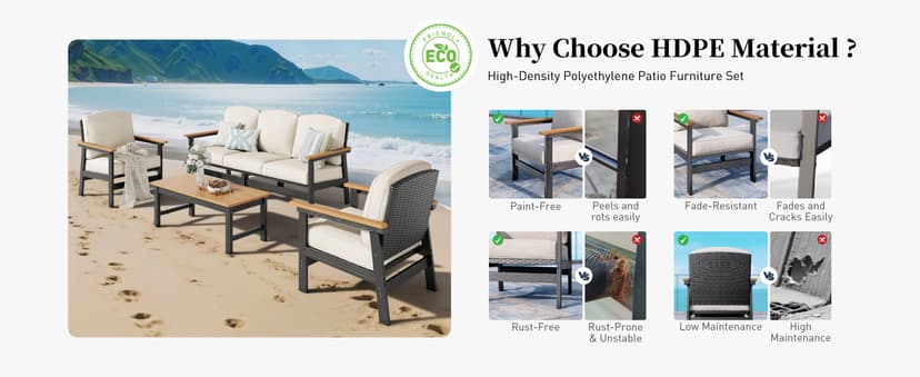 HDPE Outdoor Patio Furniture 4-Piece Set, All Weather Modern Patio Conversation Sets with Wood-grain Extended Table, Outdoor Patio Couch Set, Black Frame with Beige 4.7" Thick Cushions