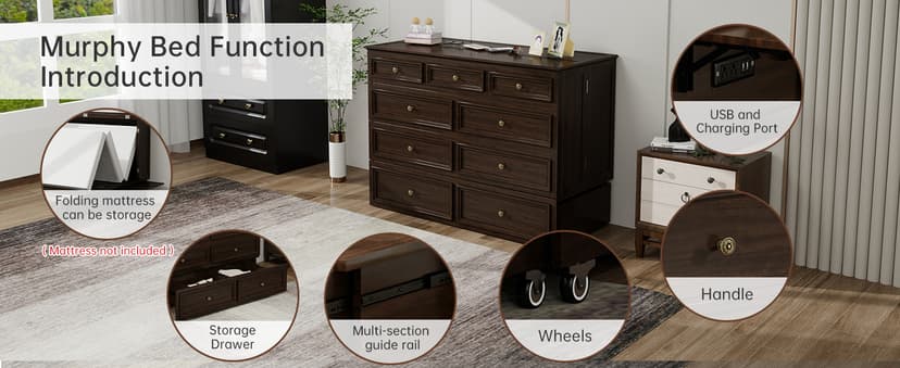 Murphy Bed Cabinet Full with Tri-Folding Mattress, Solid Wood Murphy Bed with 2 USB & 2 Charging Ports, Large Storage Drawer for Home Office or Small Space, Ebony Wood Color