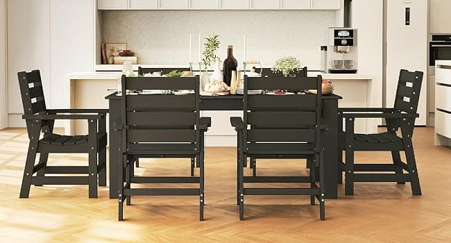 GREENVINES 7-Piece Outdoor-Dining-Set | HDPE Plastic 67'' Table and Chairs Sets for 6 | Patio Furniture | All Weather | Umbrella Hole | Black | for Poolside Garden Backyard