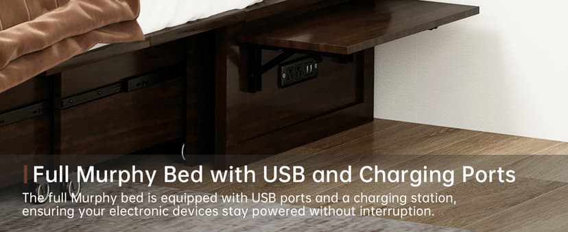 Murphy Bed Cabinet Full with Tri-Folding Mattress, Solid Wood Murphy Bed with 2 USB & 2 Charging Ports, Large Storage Drawer for Home Office or Small Space, Ebony Wood Color
