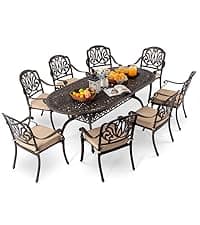 7-Piece Cast Aluminum Outdoor Table and Chairs, Antique Bronze Patio Dining Set for 6 Include 60" Rectangular Outdoor Dining Table and 6 Swivel Chairs with Removable Cushion and Umbrella Hole