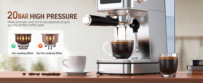Espresso Machine with Milk Frother, 20 Bar Compact Espresso Maker with Touch Screen & 57.5oz Removable Water Tank for Home, Stainless Steel Coffee Machine for Cappuccino, Latte, Silver(updated)
