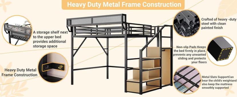 Full Size Loft Bed with Stairs and Storage, Metal Loft Bed Frame with Bedside Shelf and Large Under-Bed Space, Heavy-Duty Bed for Adults Teens and Kids, Black