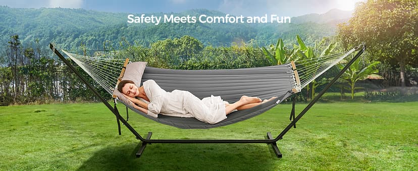 SONGMICS Hammock with Stand, Quilted Hammock with Curved Bamboo Spreaders, Pillow, 78.7 x 55.1 Inches, Portable Padded Hammock Holds up to 440 lb, Black and Gray UGHS002G01