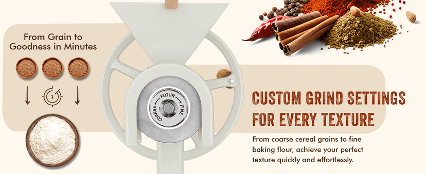 Manual Hand Grain Mill White | Heavy-Duty Hand Operated Food Grinder for Wheat, Corn, Oats, Coffee Beans, Rice & Dry Grains | Hand Crank Kitchen Flour Mill for Home, Camping, Survival & Everyday Use