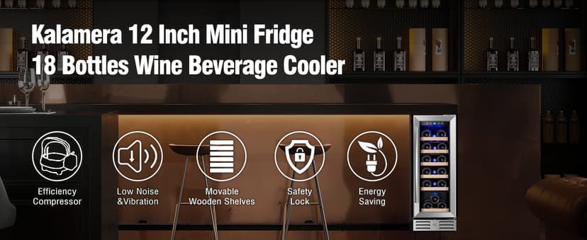 Kalamera Mini Fridge 15" Wine Cooler Refrigerator - 30 Bottle Wine Fridge with Stainless Steel Refrigerator& Double-Layer Tempered Glass Door and Temperature Memory Function Built-in or Freestanding