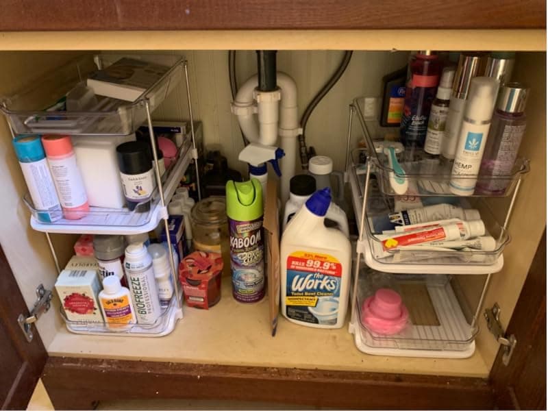 Delamu 2 Sets of 3-Tier Bathroom Under Sink Organizers and Storage, Multi-Purpose Stackable Pantry Organization and Storage, Pull Out Clear Kitchen Bathroom Cabinet Organizer with Movable Dividers