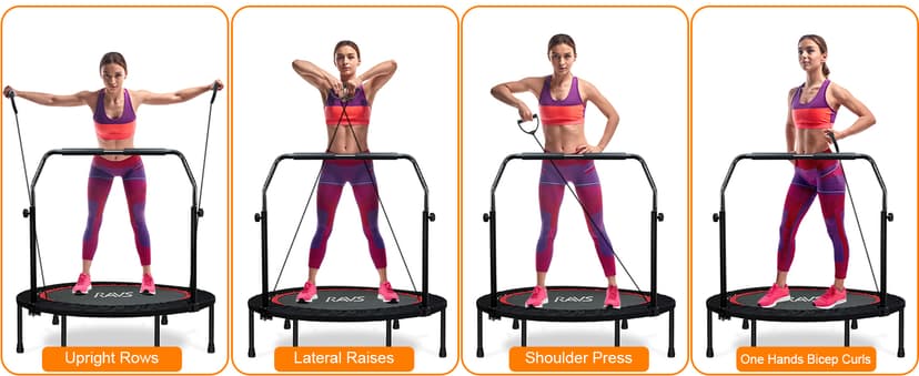 RAVS Mini Trampoline for Kids Adults 40"/48" Foldable Fitness Rebounder Kids Trampoline with 5 Levels Height Adjustable Handle Resistance Bands Indoor Workout