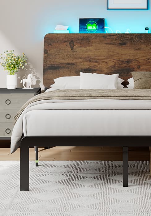 Feonase Full Size Metal Bed Frame, Heavy-Duty Platform Bed Frame with Linen Upholstered Headboard, 12" Storage Space, Steel Slats Support, No Box Spring Needed, Gray