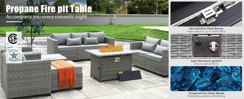 Rattaner 7-Piece Outdoor Furniture Sets Patio Furniture Set with 45-inch Fire Pit Patio Couch Outdoor Chairs 60000 BTU Propane Fire Pit Table with Non-Slip Cushions Waterproof Covers, Light Grey