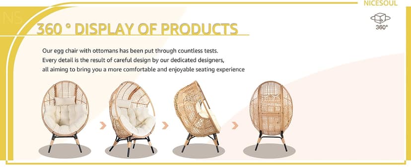 NICESOUL Wicker Egg Chair with Ottoman, Indoor Outdoor Egg Basket Lounge Chair w/Cushion, Oversized Egg Seat with Legs 440 Lbs, Comfy Cozy Boho Style Nest Chair w/Footrest for Patio, Balcony, Beige