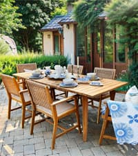 PHI VILLA Outdoor Dining Table for 6/8, 74" Rectangle Wicker Table with Acacia Wood Top & Storage Panel, Large Farmhouse Modern Furniture for Patio, Deck, Backyard, Porch