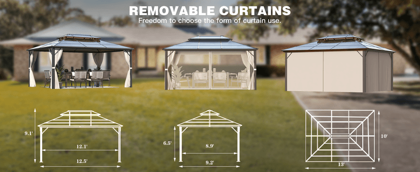 YOLENY 10'x13' Hardtop Gazebo, Outdoor Polycarbonate Double Roof Canopy, Aluminum Frame Permanent Pavilion with Curtains and Netting, Sunshade for Garden, Patio, Lawns