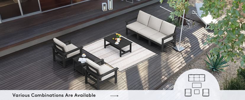SERWALL HDPE Patio Furniture Set, 7-Piece Outdoor Sectional Sofa Set, All Weather Outdoor Couch Set for Deck, Lawn, Black Frame with Khaki Cushion