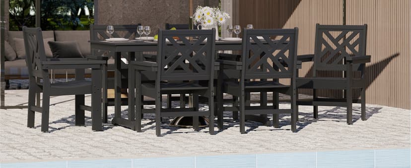 7-Piece Outdoor Dining Set, HDPE All-Weather Patio Table and Chairs Set for 6, Outdoor Patio Furniture Sets with Umbrella Hole for Outside, Deck, Backyard, Garden (Black)