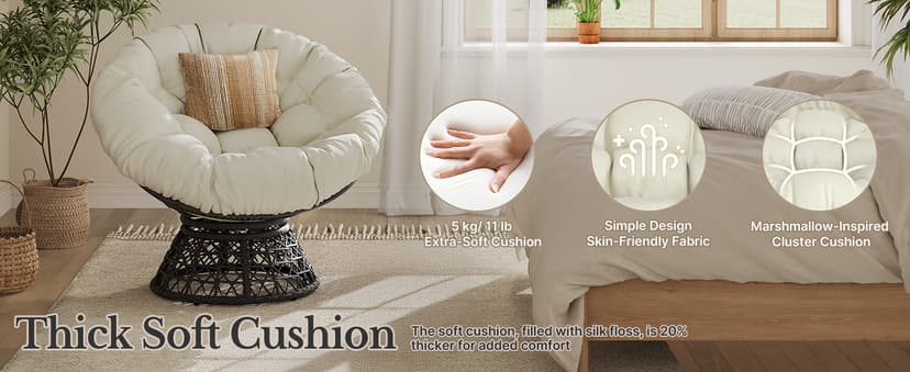 Yaheetech Indoor Papasan Chairs with Thick Tufted Cushions and Frame, Swivel Wicker Ergonomic Lounge Reading Chairs for Living Room/Bedroom, Beige