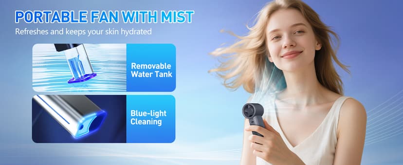 Portable Misting Fan - Mini Handheld Fan - 5000mAh Rechargeable Personal Mister Fans with Digital Display, 1-199 Speeds Adjustable, Birthday Gifts for Women Men Travel/Outdoor/Home/Office (Grey)