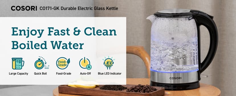 COSORI Speed-Boil Electric Tea Kettle, 1.7L Hot Water Kettle (BPA Free) 1500W Auto Shut-Off & Boil-Dry Protection, LED Indicator Inner Lid & Bottom, Transparent