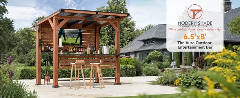 Modern Shade The Aura Cedar Wood Entertainment Bar Center, Wood Gazebo Grill Pavilion with Shelves & Paper Towel Holder, Grill Gazebo with Hardtop Steel Roof,TV Mount, Power Strip for Patio, Garden
