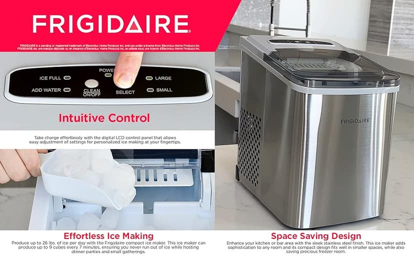 Frigidaire 26 Lbs per Day Portable Compact Maker, Ice Making Machine, Stainless, Medium