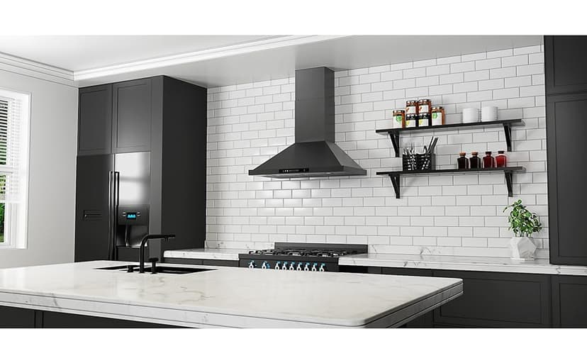 IKTCH 36 inch Black Wall Mount Range Hood, 900 CFM Ducted/Ductless Stainless Steel Vent Hood with Gesture Sensing & Touch Control Switch Panel, 2 Pcs Adjustable Lights(IKP02-36-BSS)