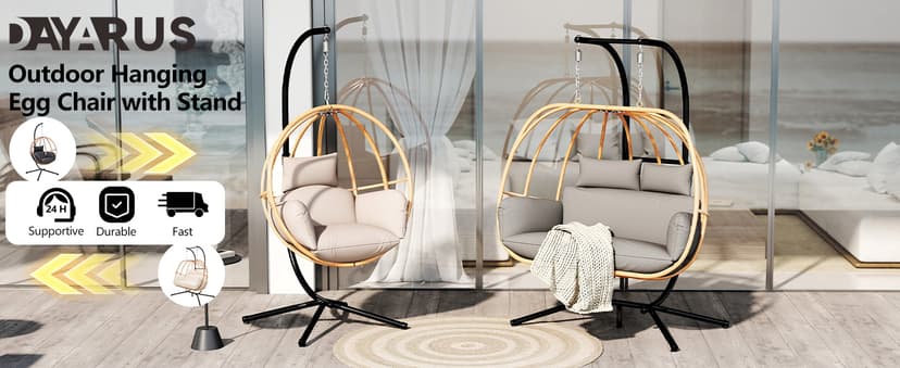 Double Egg Chair Outdoor, Egg Swing Chair with Stand, Hanging Egg Chair Outdoor with Cushions/Headrest, 80" H Hanging Chairs with Stand Indoor, Metal Basket Swing Egg Chairs for Deck, Khaki