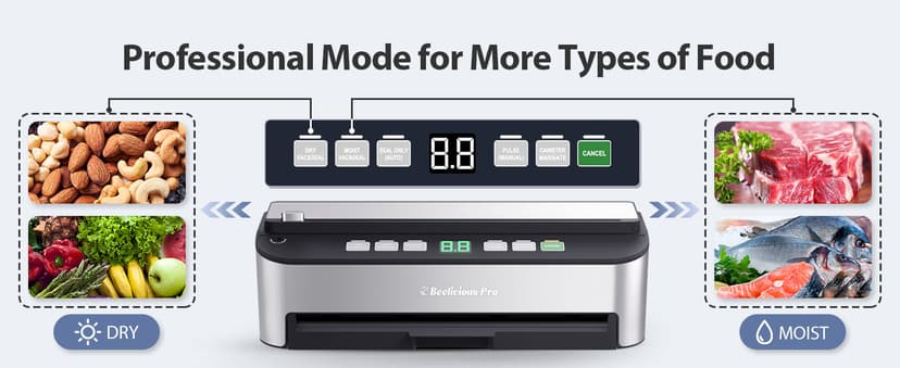 PressFree TRUE-Auto Vacuum Sealer Machine, Beelicious 85KPA Fully Automatic 8-IN-1 Food Sealer with Bags Storage, Build-in Cutter, Moist Mode and Air Suction Hose | Digital Countdown | Sous Vide