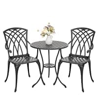 NUU GARDEN Bistro Set 3 Piece Outdoor Cast Aluminum Patio Bistro Set Patio Table and Chairs Set of 2 with Umbrella Hole and Gray Cushions, Black