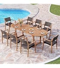 PHI VILLA Outdoor Dining Table for 6/8, 74" Rectangle Wicker Table with Acacia Wood Top & Storage Panel, Large Farmhouse Modern Furniture for Patio, Deck, Backyard, Porch