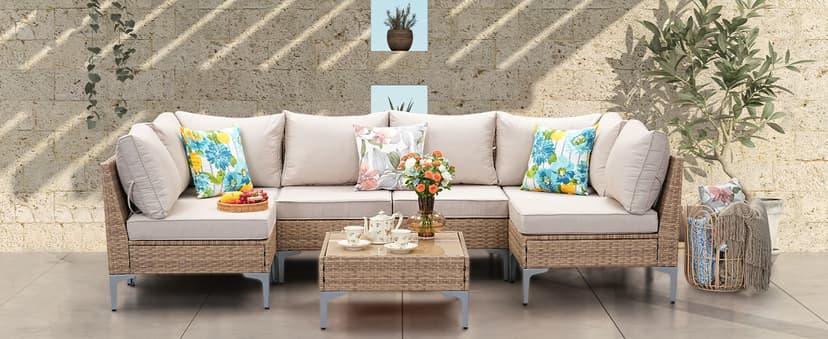 7 Piece Wicker Patio Furniture Set,Outdoor Conversation Sectional Sofa w/Coffee Table,All-Weather Outdoor Sofa with Thick and Anti-Slip Cushions for Deck,Poolside,Garden,Beige