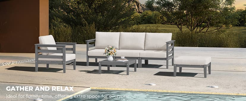 SERWALL HDPE Patio Furniture Set, 10 Pieces Outdoor Sectional Sofa Set, All-Weather Wood-Like Outdoor Sofa Couch with Coffee Table for Deck, Lawn, Grey Frame with Khaki Cushion