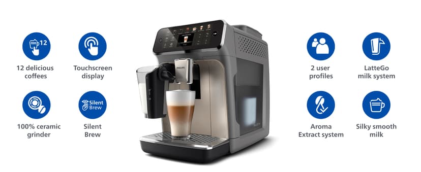 Philips 4400 Series Fully Automatic Espresso Machine – 12 Hot & Iced Coffees, Quick-to-Clean LatteGo Milk System, SilentBrew, QuickStart, Ceramic Grinder, Black Chrome (EP4444/90)
