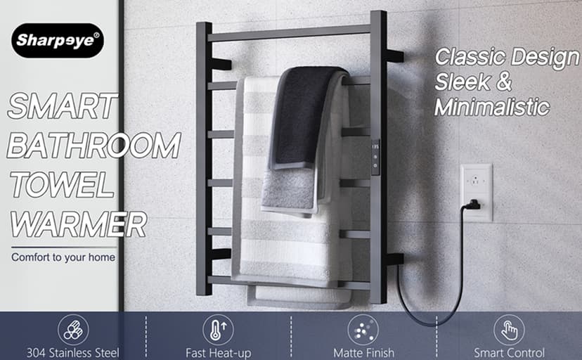 Towel Warmer Rack with 24hr Timer, Matte Black Heated Towel Rack for Bathroom, Plug-in/Hardwired, Wall Mounted 6-Bar Electric Towel Warmer with Temperature Control