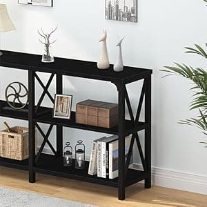 IBF Black Console Table, Modern Industrial Sofa Table with 3 Tier Storage Shelves, Farmhouse Wooden Metal Entryway Table for Living Room, Hallway, or Foyer, Black Oak, 63 Inch