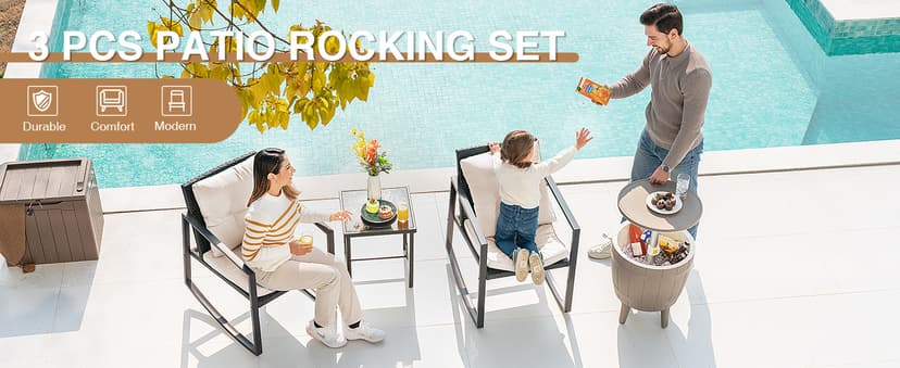 Devoko 3 Piece Rocking Bistro Set Wicker Patio Outdoor Furniture Porch Chairs Conversation Sets with Glass Coffee Table (Beige)