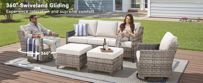 Outdoor Patio Furniture Set-5 Pieces All-Weather Wicker Outdoor Furniture with Swivel Patio Chairs Outdoor Patio Conversation Sets for Garden Porch Deck Grey/Beige